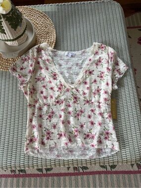 Floral Lace V-Neck Short Sleeve Top - Pink on Cream